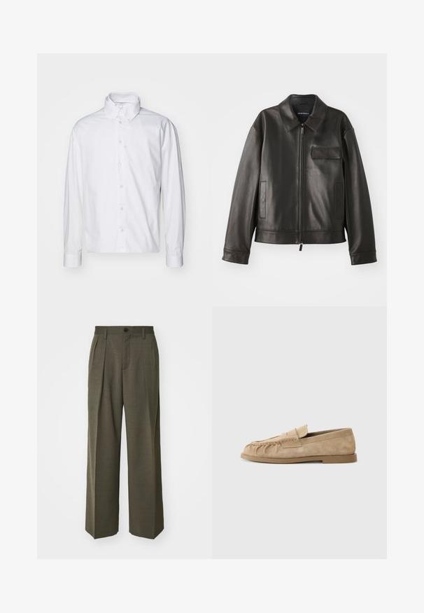 Sort læderjakke med krave, frontlynlås og to sidelommer. Har en brystlomme med klapdetalje og glat tekstur.; Hvid langærmet skjorte med knapper lavet af bomuld. Den har en klassisk krave, frontlukning med knapper og opkrøllede manchetter med en glat tekstur.; Filippa K WIDE TROUSERS - Bukser - driftwood; Beige ruskinds slip-on loafers med en sammenfoldet design, udstyret med en flad sål og en dekorativ rem over vristen. Glat tekstur.