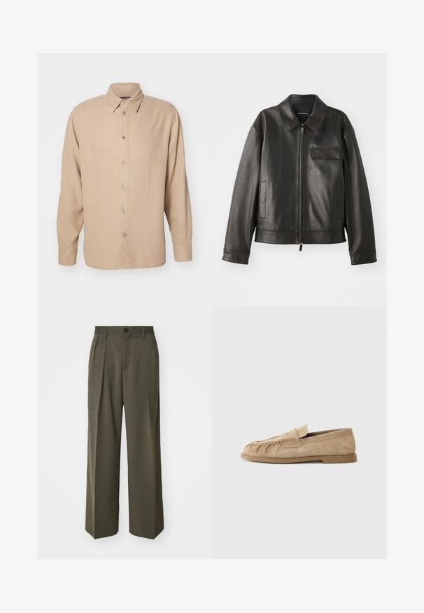 Juodas odinis švarkas su apykakle, priekiniu užtrauktuku ir dviem šoninėmis kišenėmis. Yra krūtinės kišenė su užsegimu ir lygaus paviršiaus tekstūra.; Šviesiai ruda ilgomis rankovėmis marškiniai su mygtukų apykakle. Pagaminti iš minkštos medžiagos, turi priekinę mygtukų užsegimą ir paprastus siuvimo išdėstymus.; Filippa K WIDE TROUSERS - Kelnės - driftwood; Bežiniai suede slip-on loaferi su surinkta dizainu, turintys plokščią padas ir dekoratyvinę juostelę per vampą. Lygi tekstūra.