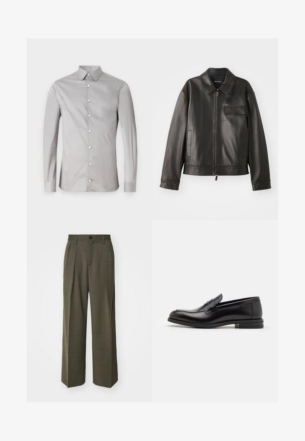 Μαύρο δερμάτινο μπουφάν με γιακά, μπροστινό φερμουάρ και δύο πλαϊνές τσέπες. Διαθέτει τσέπη στο στήθος με λεπτομέρεια καπάκι και λεία υφή.; Tiger of Sweden FILBRODIE - Πουκάμισο - grey blue; Filippa K WIDE TROUSERS - Παντελόνι - driftwood; Μαύρες δερμάτινες μπαλαρίνες με λεία υφή, στρογγυλή μύτη και διακοσμητική ταινία πάνω από το επάνω μέρος. Χαμηλός καπιτώνας, μινιμαλιστικός σχεδιασμός.