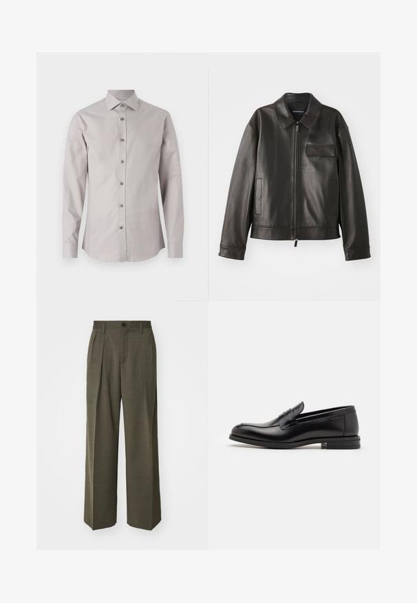 Fekete bőr dzseki gallérral, elülső cipzárral és két oldalsó zsebbek. Jellemzője a mellzsebpocket, amely fakkal díszített, sima textúrával.; Világosszürke gombos ing klasszikus gallérral, hosszú ujjal és azonos színű gombokkal. Sima anyag és testhezálló fazon.; Filippa K WIDE TROUSERS - Nadrágok - driftwood; Fekete bőr loaferek sima textúrával, kerek orral és dekoratív pánttal a vampnál. Alacsony, rétegelt sarkú, minimalista dizájn.