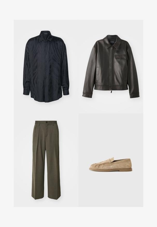 Černá kožená bunda s límcem, předním zipem a dvěma bočními kapsami. Obsahuje kapsu na hrudi s klopou a hladkou texturou.; Roberto Cavalli FREEDOM COOL FIT - Košile - black; Filippa K WIDE TROUSERS - Kalhoty - driftwood; Béžové semišové slip-on mokasíny s nařaseným designem, mají plochou podrážku a dekorativní pásek přes nárt. Hladký povrch.