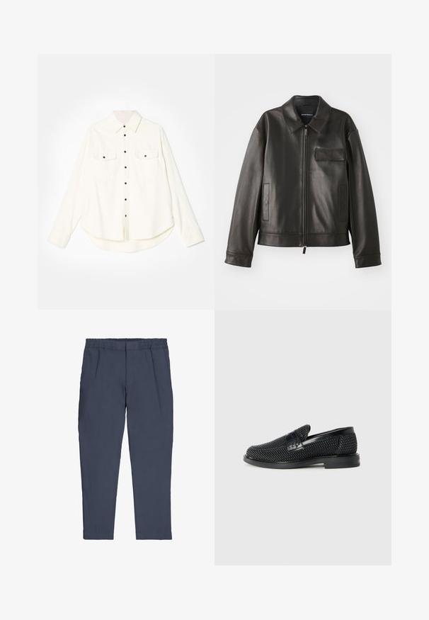 Veste en cuir noir avec un col, fermeture éclair à l'avant et deux poches latérales. Dispose d'une poche poitrine avec un rabat et une texture lisse.; Chemise blanche à boutons, à manches longues, avec deux poches poitrine, boutons noirs et ourlet arrondi. Fabriquée dans un tissu doux et texturé.; Pantalons bleu marine avec une taille élastique, des jambes fuselées et des poches latérales. Texture lisse sans motifs ni quincaillerie visibles.; Chaussure slip-on tissée noire avec un accent en cuir lisse sur le dessus, un design à bout rond et une semelle en caoutchouc à profil bas.