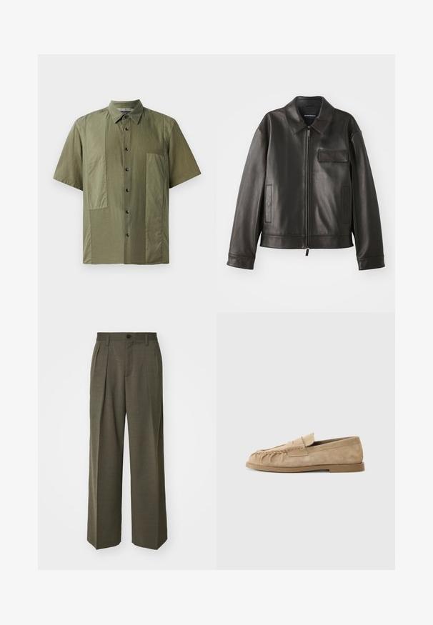 Schwarze Lederjacke mit Kragen, Frontreißverschluss und zwei Seitentaschen. Verfügt über eine Brusttasche mit Klappendetail und glatter Textur.; Kurze Ärmel olivgrünes Hemd mit button-down Kragen, strukturierter Stoff und großen aufgesetzten Taschen auf der Vorderseite. Schwarze Knöpfe entlang der Knopfleiste.; Filippa K WIDE TROUSERS - Stoffhose - driftwood; Beige Wildleder Slipper mit einer gerafften Gestaltung, ausgestattet mit einer flachen Sohle und einem dekorativen Riemen über dem Rist. Glatte Textur.