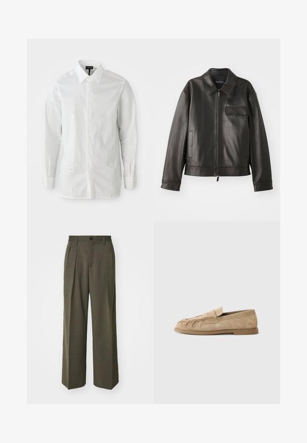 Giacca di pelle nera con colletto, zip frontale e due tasche laterali. Presenta una tasca sul petto con dettaglio a patta e una texture liscia.; Camicia bianca a maniche lunghe realizzata in tessuto leggero, con colletto strutturato, pattina con bottoni sul davanti e un sottile motivo testurizzato sul tessuto.; Filippa K WIDE TROUSERS - Pantaloni - driftwood; Mocassini slip-on in suede beige con un design arricciato, dotati di suola piatta e una fascia decorativa sul collo del piede. Texture liscia.