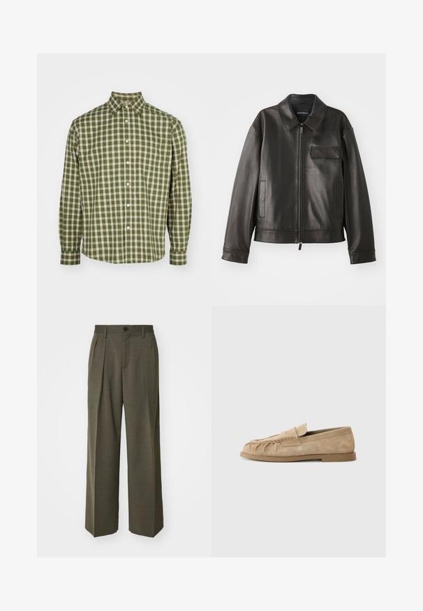 Zwarte leren jas met een kraag, voorkant met rits en twee zijzakken. Heeft een borstzak met klepsluiting en een gladde textuur.; NN.07 DEON - Overhemd - green; Filippa K WIDE TROUSERS - Broek - driftwood; Beige suède instappers met een geraffineerd ontwerp, voorzien van een platte zool en een decoratieve strap over de wreef. Glad van structuur.