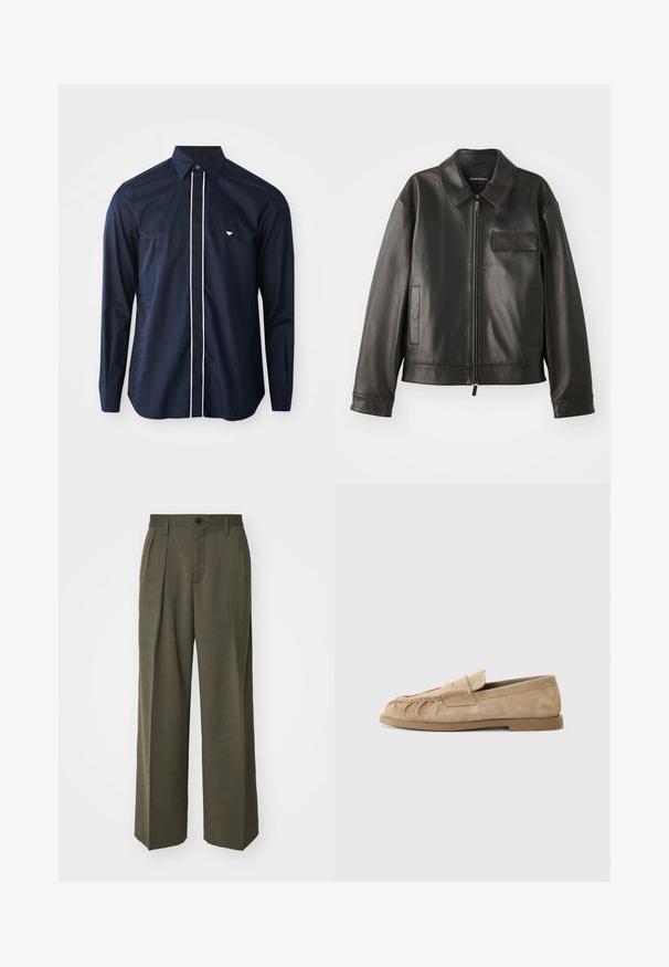 Juodas odinis švarkas su apykakle, priekiniu užtrauktuku ir dviem šoninėmis kišenėmis. Yra krūtinės kišenė su užsegimu ir lygaus paviršiaus tekstūra.; Navy spalvos medvilnės marškiniai ilgomis rankovėmis su klasikiniu apykakliu, papuošti balta siūle priekyje ir mažuoju logotipu kairėje krūtinės pusėje.; Filippa K WIDE TROUSERS - Kelnės - driftwood; Bežiniai suede slip-on loaferi su surinkta dizainu, turintys plokščią padas ir dekoratyvinę juostelę per vampą. Lygi tekstūra.