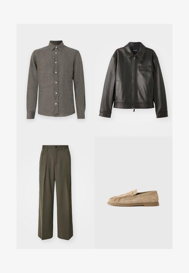 Schwarze Lederjacke mit Kragen, Frontreißverschluss und zwei Seitentaschen. Verfügt über eine Brusttasche mit Klappendetail und glatter Textur.; Hemd für Herren mit langen Ärmeln aus strukturiertem grauem Leinen, mit Kentkragen und Frontblende mit kontrastierenden Knöpfen.; Filippa K WIDE TROUSERS - Stoffhose - driftwood; Beige Wildleder Slipper mit einer gerafften Gestaltung, ausgestattet mit einer flachen Sohle und einem dekorativen Riemen über dem Rist. Glatte Textur.