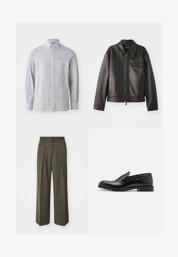 Veste en cuir noir avec un col, fermeture éclair à l'avant et deux poches latérales. Dispose d'une poche poitrine avec un rabat et une texture lisse.; Chemise à rayures en gris clair et blanc, en tissu de coton, à manches longues, avec une poche poitrine simple, col classique, ourlet droit.; Filippa K WIDE TROUSERS - Pantalon classique - driftwood; Mocassins en cuir noir avec une texture lisse, bout rond et une sangle décorative sur le dessus. Talon bas empilé, design minimaliste.