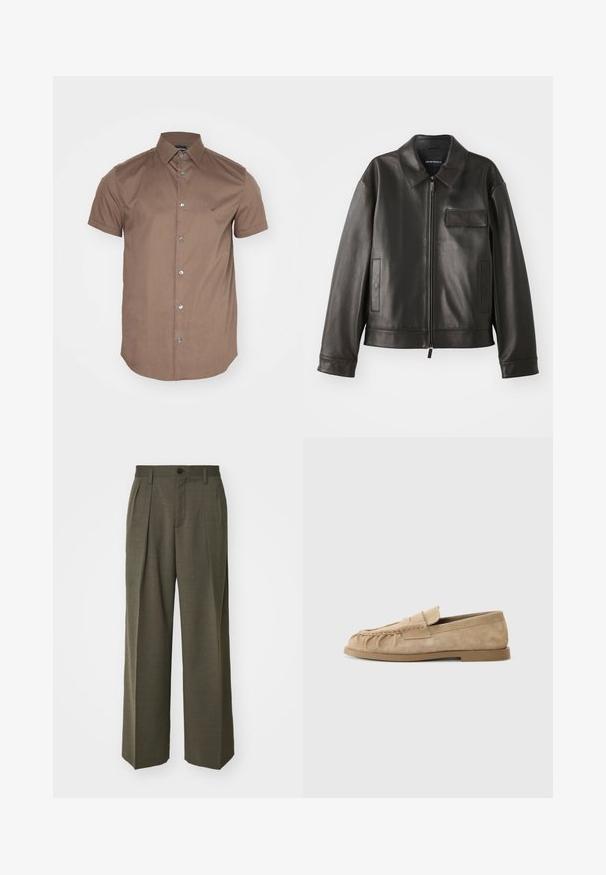 Must värvi nahast jakk, millel on krae, esitõmblus ja kaks külge taskut. Omab rinna taskut klapiga detailiga ja sujuva tekstuuriga.; Emporio Armani SHIRT - Pluus - chocolate chip; Filippa K WIDE TROUSERS - Püksid - driftwood; Beige nubukist slip-on loafers, mille palake kujundusega, millel on lame talla ja dekoratiivne rihm vöö vahel. Sile tekstuur.