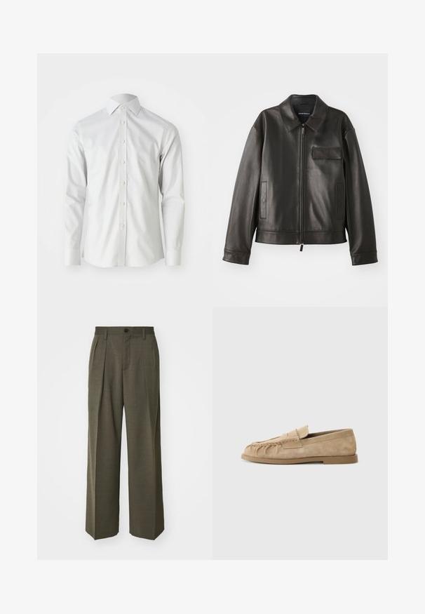 Melna ādas jaka ar apkakli, priekšējo rāvējslēdzi un diviem sānu kabatām. Iezīmē krūšu kabatu ar atloku un gludu tekstūru.; Balta garām piedurknēm pogājama krekls, izgatavots no gludas kokvilnas auduma, ar klasisku apkakli un septiņām priekšējām pogām. Minimālistisks dizains.; Filippa K WIDE TROUSERS - Auduma bikses - driftwood; Beige zamšainie slip-on loaferi ar saplacinātu dizainu, ar plakanu zoli un dekoratīvu siksniņu pār virsu. Gluda tekstūra.