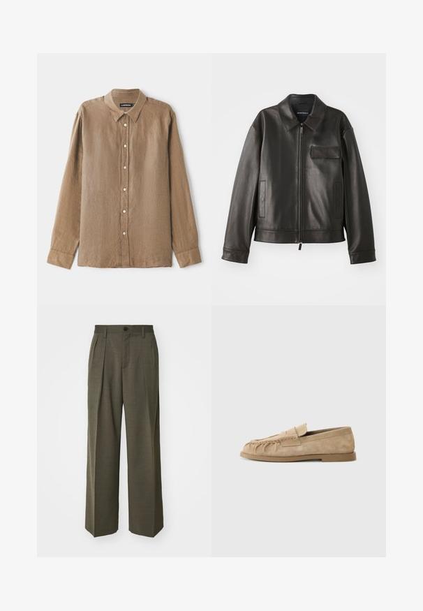 Musta nahkatakki, jossa on kaulus, vetoketju edessä ja kaksi sivutaskua. Kokonaisuudessa on rintatasku, jossa on läppäyksikkö, ja se on sileäpintainen.; Ruskea pitkähihaine paita kevyestä, teksturoidusta kankaasta, jossa on kaulus ja nappi etuosa kontrastivärillä. Rentoa istuvuutta.; Filippa K WIDE TROUSERS - Housut - driftwood; Beige mokasíny z semišu s nabraným designem, s plochou podrážkou a dekorativním páskem přes nárt. Hladký povrch.