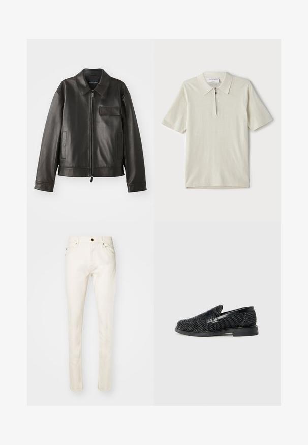 Fekete bőr dzseki gallérral, elülső cipzárral és két oldalsó zsebbek. Jellemzője a mellzsebpocket, amely fakkal díszített, sima textúrával.; Rövid ujjú, világosbézs pólóing, cipzáras gallérral. Simás anyagból készült, egyszerű, modern dizájnnal, minta nélkül.; Beige, slim fit, pamut farmernadrág, elöl gombbal, öt zsebbel és finom varrási részletekkel. Sima felület és szűkített lábszár.; Fekete szőtt slip-on cipő sima bőr díszítéssel a felsőrészen, kerek orral és alacsony profilos gumitalppal.