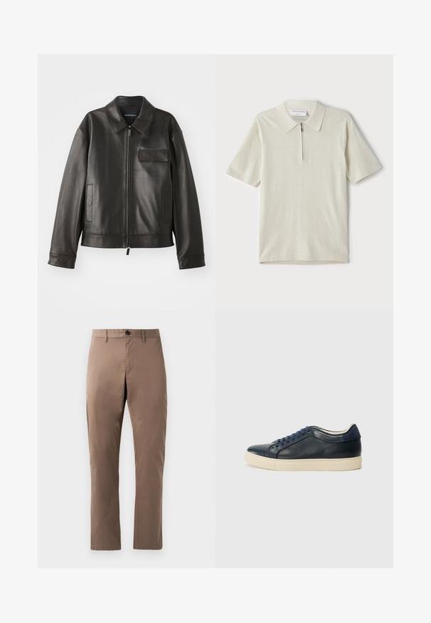 Melna ādas jaka ar apkakli, priekšējo rāvējslēdzi un diviem sānu kabatām. Iezīmē krūšu kabatu ar atloku un gludu tekstūru.; Īsām piedurknēm polo krekls gaiši bēšā krāsā ar rāvējslēdzāja apkakli. Izgatavots no gludas auduma, tam ir vienkāršs, mūsdienīgs dizains bez rakstiem.; Brūni taisni bikses, izgatavotas no gludas kokvilnas auduma, ar priekšējo pogu aizdari un vienkāršu dizainu bez rakstiem vai akcentiem.; Tumši zilā ādas sporta apavi ar krēmkrāsas gumijas zoli, ar ziliem šņorēm un gludu tekstūru. Apaļa pirksta forma un minimālisma dizains.