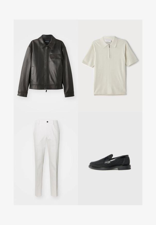 Melna ādas jaka ar apkakli, priekšējo rāvējslēdzi un diviem sānu kabatām. Iezīmē krūšu kabatu ar atloku un gludu tekstūru.; Īsām piedurknēm polo krekls gaiši bēšā krāsā ar rāvējslēdzāja apkakli. Izgatavots no gludas auduma, tam ir vienkāršs, mūsdienīgs dizains bez rakstiem.; Baltas bikses, izgatavotas no gludas auduma, ar taisno kāju griezumu, ar vienu melnu pogu jostasvietā un sānu kabatām.; Melnas austas slaidu kurpes ar gludu ādas akcentu augšpusē, apaļas formas purngalu un zemas profila gumijas zoli.