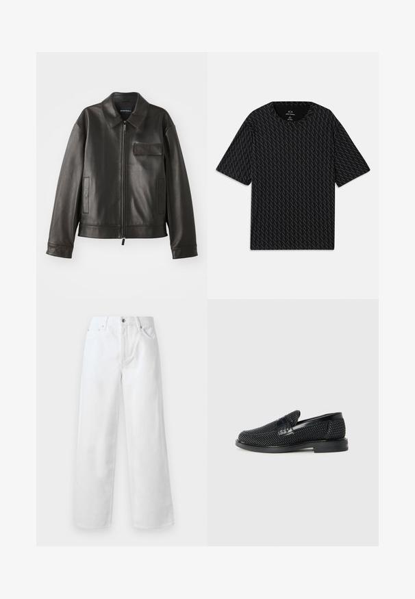 Veste en cuir noir avec un col, fermeture éclair à l'avant et deux poches latérales. Dispose d'une poche poitrine avec un rabat et une texture lisse.; T-shirt noir avec un motif texturé de logos 'A' alternés, manches courtes et col rond. Fabriqué en tissu léger.; rag & bone BAGGY - Jean baggy - white; Chaussure slip-on tissée noire avec un accent en cuir lisse sur le dessus, un design à bout rond et une semelle en caoutchouc à profil bas.