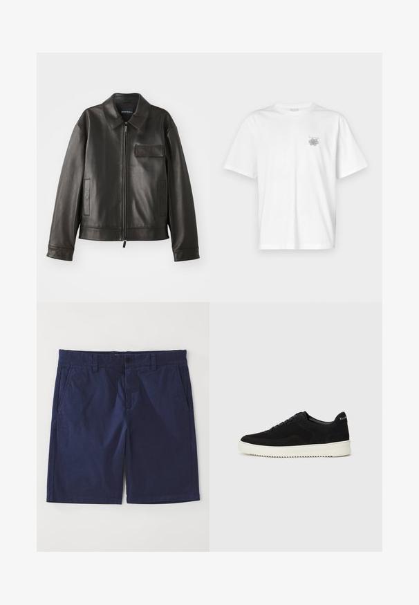 Schwarze Lederjacke mit Kragen, Frontreißverschluss und zwei Seitentaschen. Verfügt über eine Brusttasche mit Klappendetail und glatter Textur.; Weißes T-Shirt aus Baumwolle mit kurzen Ärmeln, Rundhalsausschnitt und kleinem grauen Logo auf der linken Brustseite. Glatte Textur.; Marineblaue Baumwollshorts mit geradem Schnitt, ausgestattet mit Gürtelschlaufen, einer Knopfverschluss vorne und zwei Seitentaschen. Glatte Textur.; Schwarze Wildleder-Sneaker mit Schnürdesign und kontrastierender weißer Gummisohle. Verfügt über strukturierte Seitenpaneele und dezentes Branding an der Ferse.