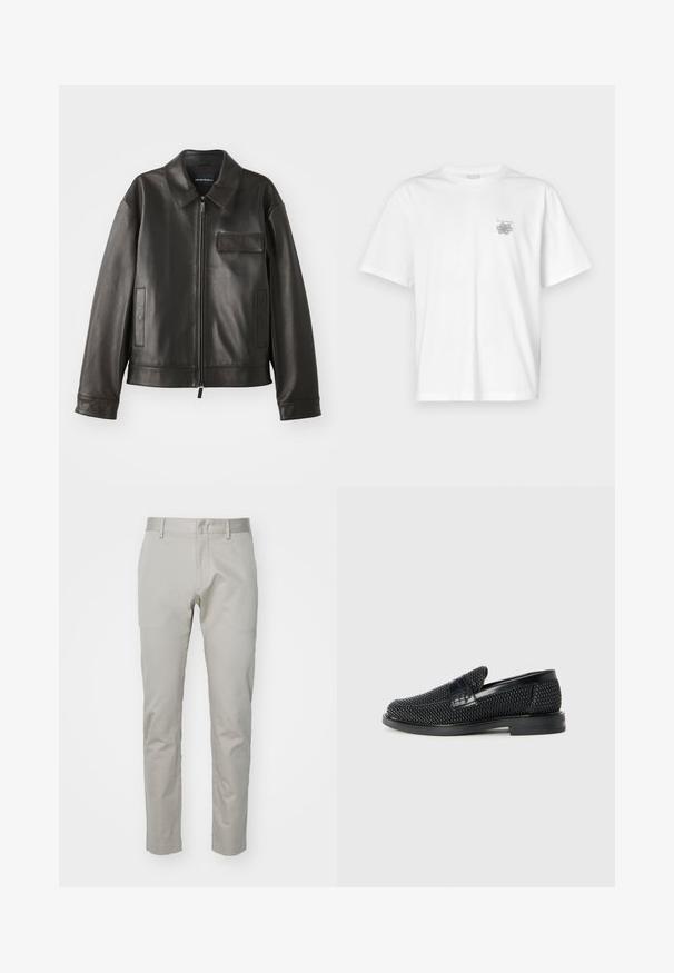 Černá kožená bunda s límcem, předním zipem a dvěma bočními kapsami. Obsahuje kapsu na hrudi s klopou a hladkou texturou.; Bílá bavlněná trička s krátkým rukávem, kulatým výstřihem a malým šedým logem na levé části hrudi. Hladká textura.; Světlé šedé bavlněné kalhoty s rovnými nohavicemi, plochým předním dílem a bez viditelných kapes nebo ozdob. Hladká textura, jednofarebné provedení.; Černé pletené nazouvací boty s hladkým koženým akcentem na svršku, kulatou špičkou a nízkoprofilovou gumovou podrážkou.