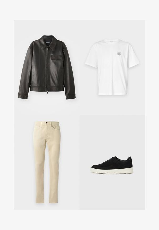 Czarna skórzana kurtka z kołnierzykiem, przednim zamkiem błyskawicznym i dwiema bocznymi kieszeniami. Posiada kieszeń na piersi z klapką i gładką fakturę.; Biała koszulka z bawełny z krótkimi rękawami, okrągłym dekoltem i małym szarym logo po lewej stronie klatki piersiowej. Gładka tekstura.; Beżowe spodnie o prostym kroju wykonane z mieszanki bawełny. Posiadają pięć kieszeni, paski na pasek oraz czarny guzik zapięciowy w talii.; Czarne zamszowe sneakersy z designem na sznurówki i kontrastującą białą gumową podeszwą. Posiadają teksturowane boczne panele oraz subtelne logo na pięcie.