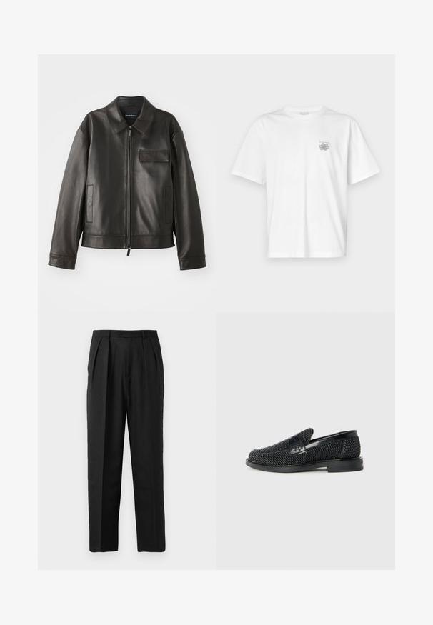 Zwarte leren jas met een kraag, voorkant met rits en twee zijzakken. Heeft een borstzak met klepsluiting en een gladde textuur.; Witte t-shirt van katoen met korte mouwen, een ronde hals, en een klein grijs logo op de linker borstzijde. Soepele textuur.; Zwarte geplooide broeken met een op maat gemaakte ontwerp, vervaardigd uit een gladde stof, met een knoopsluiting en een recht gesneden pijp.; Zwartegeweven instap schoenen met een glad leren accent aan de bovenkant, een ronde neusontwerp en een laag profiel rubberen zool.