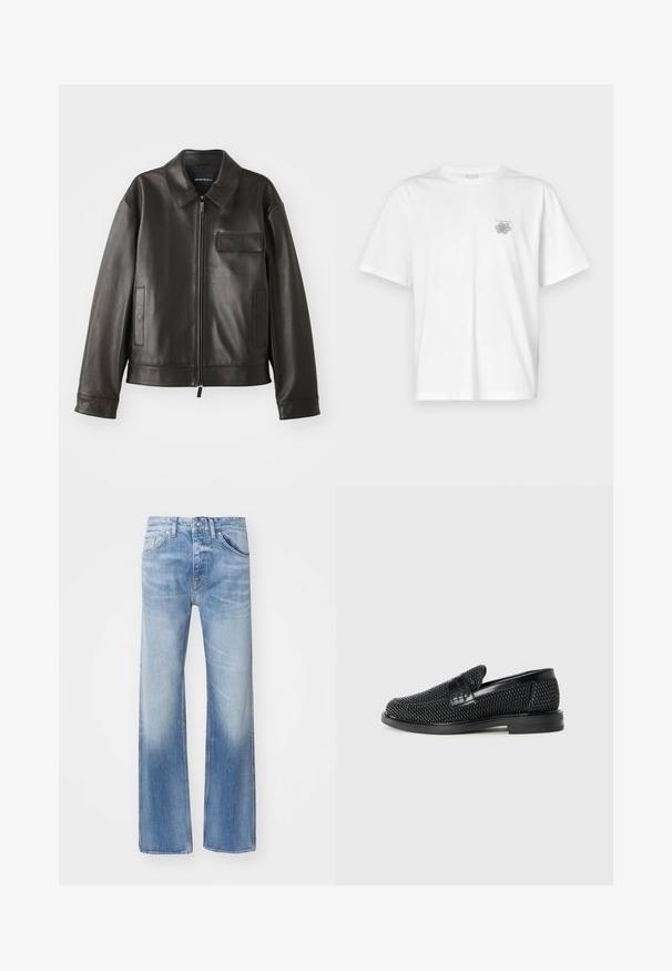 Juodas odinis švarkas su apykakle, priekiniu užtrauktuku ir dviem šoninėmis kišenėmis. Yra krūtinės kišenė su užsegimu ir lygaus paviršiaus tekstūra.; Balta medvilninė marškinėlių, su trumpomis rankovėmis, apykaklė nei per aukšta, nei per žema, ir mažas pilkas logotipas kairėje krūtinės pusėje. Lygi tekstūra.; Šviesiai mėlyni džinsai su tiesiomis kojomis, išblukusiu paviršiumi ir penkių kišenių stiliumi. Sukurti su klasikiniu mygtuko ir užtrauktuko uždarymu.; Juodas pintas slip-on tipo batelis su lygiu odiniu akcentu viršuje, apvalios nosies dizainas ir žemas guminis padas.