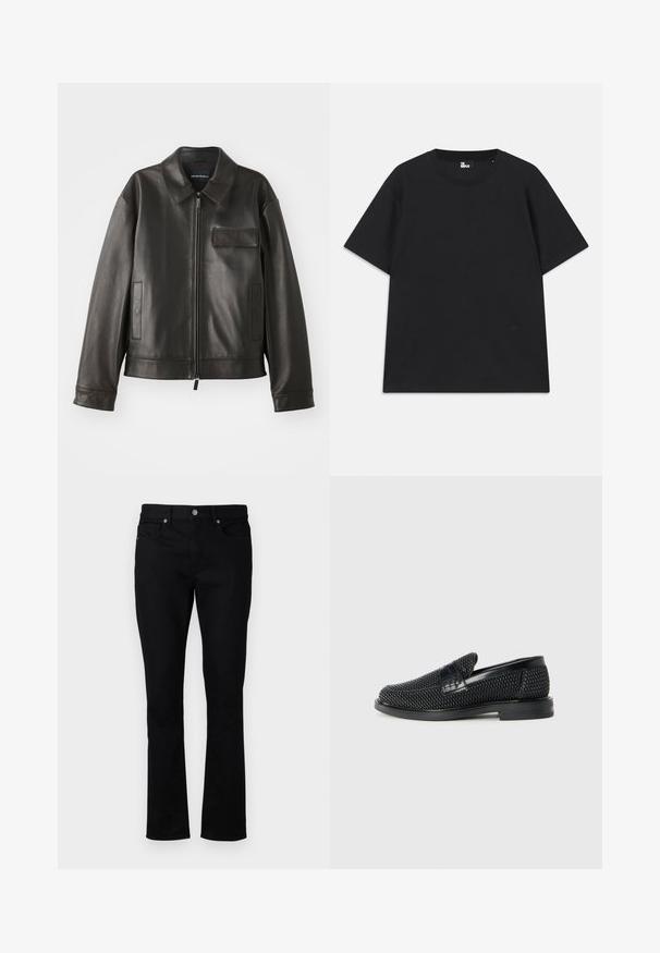 Fekete bőr dzseki gallérral, elülső cipzárral és két oldalsó zsebbek. Jellemzője a mellzsebpocket, amely fakkal díszített, sima textúrával.; Fekete, rövid ujjú pamut póló, kerek nyakkivágással és egy kis logórészlettel az alján. Sima textúra, normál szabás.; Fekete farmernadrág egyenes szabással, közepes derékkal, öt zsebbel és fém kiegészítőkkel. Simább textúrával.; Fekete szőtt slip-on cipő sima bőr díszítéssel a felsőrészen, kerek orral és alacsony profilos gumitalppal.