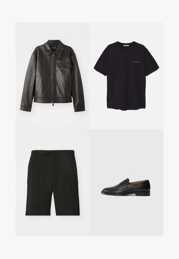 Jachetă din piele neagră cu guler, fermoar frontal și două buzunare laterale. Include un buzunar pe piept cu detaliu de clapetă și textură netedă.; Tricou din bumbac negru, cu guler rotund, mâneci scurte și un imprimeu alb cu logo pe partea stângă a pieptului. Design simplu, de culoare uniformă.; Pantaloni scurți din in negri cu un șnur în talie, având o croială lejeră și un design până la genunchi. Textură netedă, stil simplu și clasic.; Lofer din piele neagră, cu vârf rotund, detalii cusute subtile și toc jos, având o textură netedă și un design minimalist.