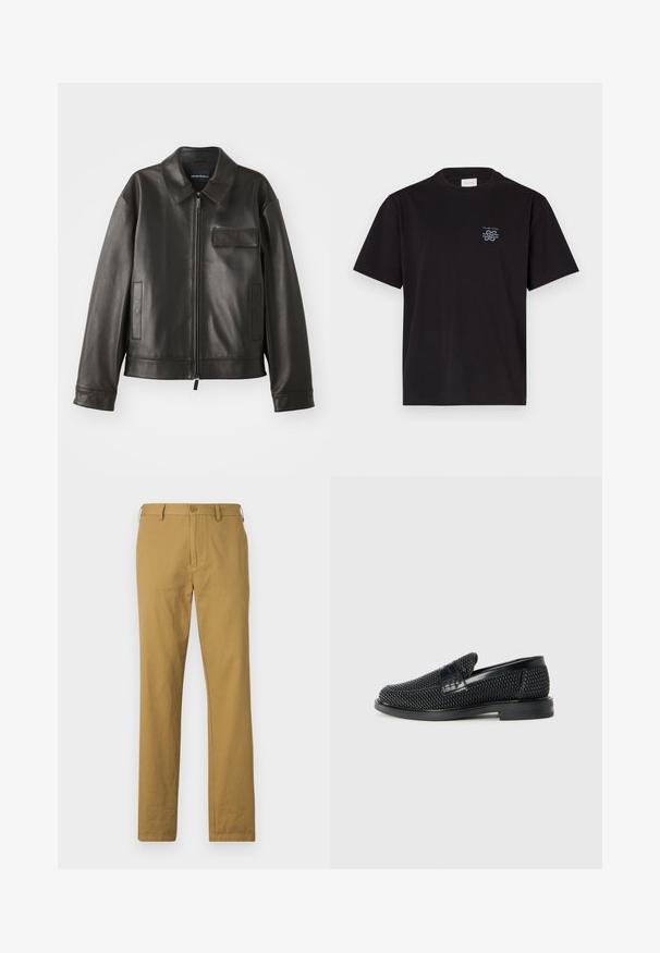 Black leather jacket with a collar, front zipper, and two side pockets. Features a chest pocket with flap detail and smooth texture.; Black cotton t-shirt with a crew neck and short sleeves. Features a small blue logo on the left chest. Simple, straight-cut design.; Beige cotton trousers with a straight cut, front pockets, and a button closure. Smooth texture and minimal design, no visible patterns.; Black woven slip-on shoe with a smooth leather accent on the upper, a round toe design, and a low-profile rubber sole.