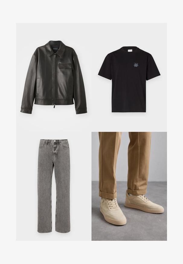 Must värvi nahast jakk, millel on krae, esitõmblus ja kaks külge taskut. Omab rinna taskut klapiga detailiga ja sujuva tekstuuriga.; Must mustaga T-särk, millel on ümar kaelus ja lühikesed varrukad. Vasakul rinnal on väike sinine logo. Lihtne, sirge lõikega disain.; Hallhalli teksased, millel on sirge lõikega jalg, viie tasku disain ja nööbiga sulgemine vöökoht. Kerge pleekinud tekstuur üle kogu.; Beige nahkkingad sileda tekstuuriga, paeltega disain ja kummitald, koos üleskeeratud pruunide pükstega.