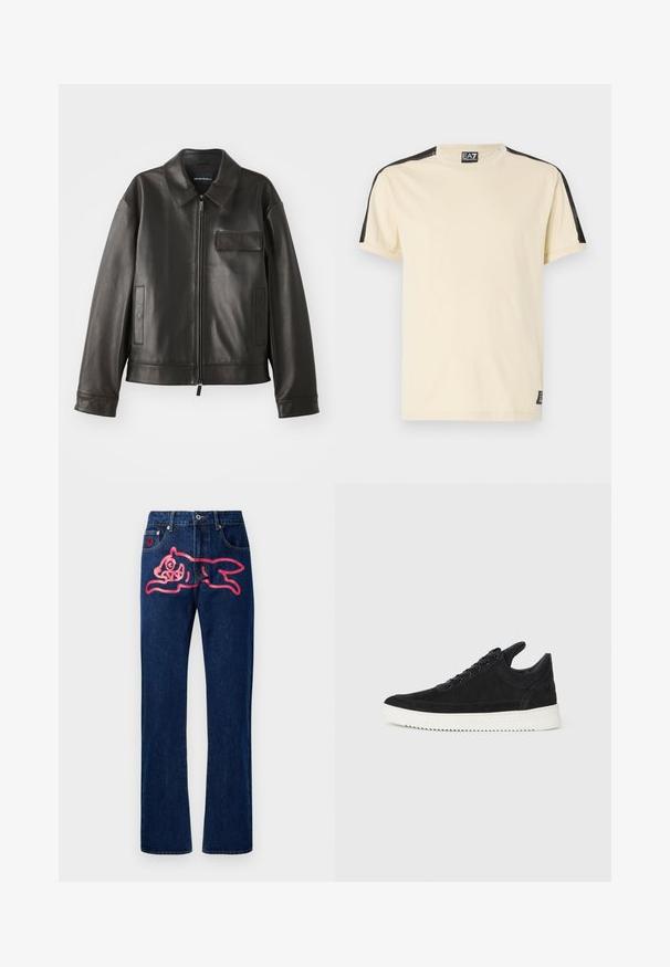 Giacca di pelle nera con colletto, zip frontale e due tasche laterali. Presenta una tasca sul petto con dettaglio a patta e una texture liscia.; T-shirt beige a maniche corte in cotone. Presenta dettagli neri sulle spalle e un piccolo logo sulla parte inferiore sinistra.; Jeans di denim a taglio dritto. Colore blu scuro, con una grande fantasia di un gatto rosa sulla tasca posteriore. Classico bottone metallico e rivetti.; Sneaker in suede nero con suola in gomma bianca, caratterizzato da cuciture tonali e design con lacci. Texture liscia con una forma moderna e aerodinamica.