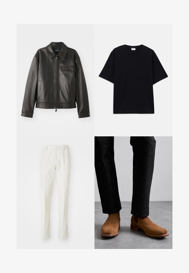 Juodas odinis švarkas su apykakle, priekiniu užtrauktuku ir dviem šoninėmis kišenėmis. Yra krūtinės kišenė su užsegimu ir lygaus paviršiaus tekstūra.; Juodas trumpas rankovėmis per didelis marškinėliai su apvaliu iškirpimu ir matoma Filippa K prekės ženklo etiketė vidinėje apykaklės pusėje.; Balti medvilniniai kelnių modeliai, tiesaus silueto, lygia priekyje, be matomų raštų ar detalių. Lygus paviršius.; Rudi od suede od tamsiai rudos spalvos su elasticiais šoninias paneliais ir mediniu kulniuku, dėvimi su tamsiomis, šiek tiek tekstūruotomis kelnėmis.