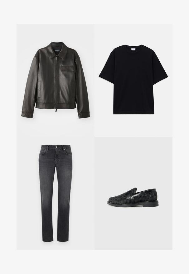 Jachetă din piele neagră cu guler, fermoar frontal și două buzunare laterale. Include un buzunar pe piept cu detaliu de clapetă și textură netedă.; Tricou oversized cu mânecă scurtă, de culoare neagră, cu decolteu rotund și etichetă Filippa K vizibilă în interiorul gulerului.; Jeans din denim gri cu un design clasic cu picior drept, având buzunare frontale, fermoar și un eticheta mică a brandului deasupra buzunarului din dreapta.; Pantofii negri din material textil, cu accent din piele netedă pe partea superioară, design cu vârf rotund și talpă din cauciuc de profil redus.