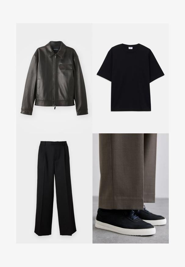 Fekete bőr dzseki gallérral, elülső cipzárral és két oldalsó zsebbek. Jellemzője a mellzsebpocket, amely fakkal díszített, sima textúrával.; Fekete, rövid ujjú, oversize póló kerek nyakkivágással és látható Filippa K márkacédulával a gallér belső részén.; Paul & Joe PANTALON - Nadrágok - noir; Fekete velúr sportcipők fehér gumitalppal, kerek orrú, fűzős kialakítással, szürke, szabott nadrággal párosítva.