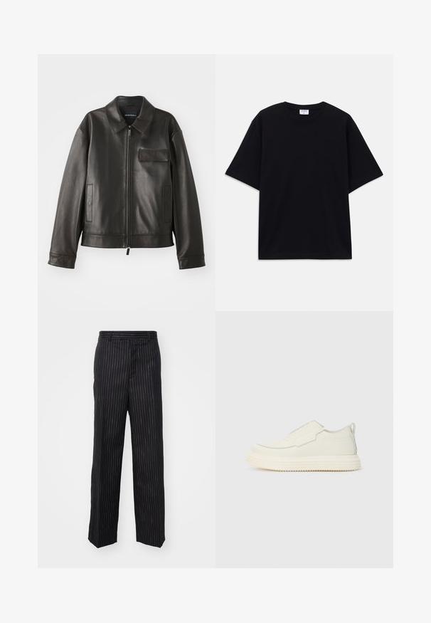 Jachetă din piele neagră cu guler, fermoar frontal și două buzunare laterale. Include un buzunar pe piept cu detaliu de clapetă și textură netedă.; Tricou oversized cu mânecă scurtă, de culoare neagră, cu decolteu rotund și etichetă Filippa K vizibilă în interiorul gulerului.; Pantaloni negri cu dungi fine, cu o croială adaptată, având o textură netedă, un design cu picioare drepte și detalii tonale subtile pe parcursul întregii ținute.; Tenis din material alb, cu un finisaj texturat, având vârful rotund și o talpă groasă din cauciuc. Cusăturile fine pun în evidență designul.