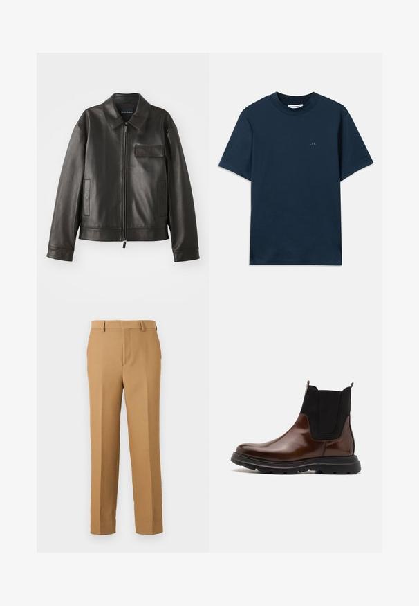 Melna ādas jaka ar apkakli, priekšējo rāvējslēdzi un diviem sānu kabatām. Iezīmē krūšu kabatu ar atloku un gludu tekstūru.; Jūras zilas kokvilnas T-krekls ar apaļu kakla izgriezumu, īsām piedurknēm un smalku logotipu uz krūtīm. Gluda tekstūra un klasiskā piegriezne.; Bēšas krāsas bikses noaustā audumā, ar taisnu griezumu, plakanu priekšu un jostas cilpām. Gluda tekstūra bez redzamām rakstām.; Brūni ādas Čelsijas zābaki ar melniem elastīgiem sānu paneļiem, noapaļota purna forma un melna gumijas zole ar teksturētu izsistumu.