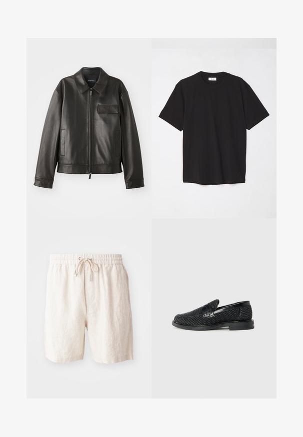 Black leather jacket with a collar, front zipper, and two side pockets. Features a chest pocket with flap detail and smooth texture.; Black cotton t-shirt with a crew neck, short sleeves, and a relaxed fit. Simple design, smooth texture, and no visible patterns or logos.; Beige linen shorts with an elasticated waistband, adjustable drawstring, and side pockets. Soft texture with a relaxed fit.; Black woven slip-on shoe with a smooth leather accent on the upper, a round toe design, and a low-profile rubber sole.