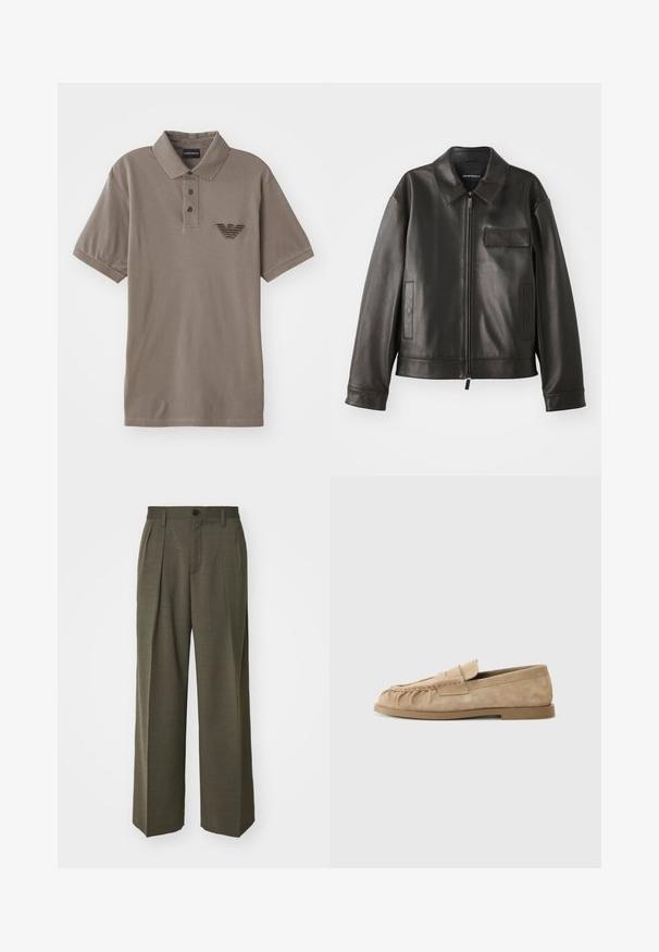 Černá kožená bunda s límcem, předním zipem a dvěma bočními kapsami. Obsahuje kapsu na hrudi s klopou a hladkou texturou.; Pánská polokošile s krátkým rukávem v taupe barvě, s tříknoflíkovým zapínáním a texturou emblému na hrudi, s klasickým límečkem.; Filippa K WIDE TROUSERS - Kalhoty - driftwood; Béžové semišové slip-on mokasíny s nařaseným designem, mají plochou podrážku a dekorativní pásek přes nárt. Hladký povrch.