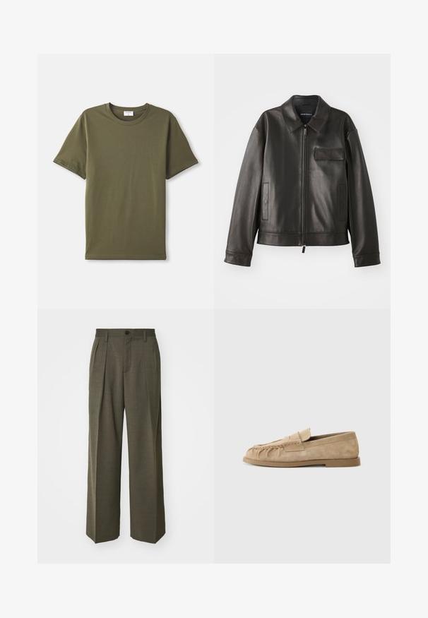 Juodas odinis švarkas su apykakle, priekiniu užtrauktuku ir dviem šoninėmis kišenėmis. Yra krūtinės kišenė su užsegimu ir lygaus paviršiaus tekstūra.; Plona alyvuogių žalio spalvos trumpomis rankovėmis marškinėlių su apvalia iškirpte, ištiesta ant balto fono.; Filippa K WIDE TROUSERS - Kelnės - driftwood; Bežiniai suede slip-on loaferi su surinkta dizainu, turintys plokščią padas ir dekoratyvinę juostelę per vampą. Lygi tekstūra.