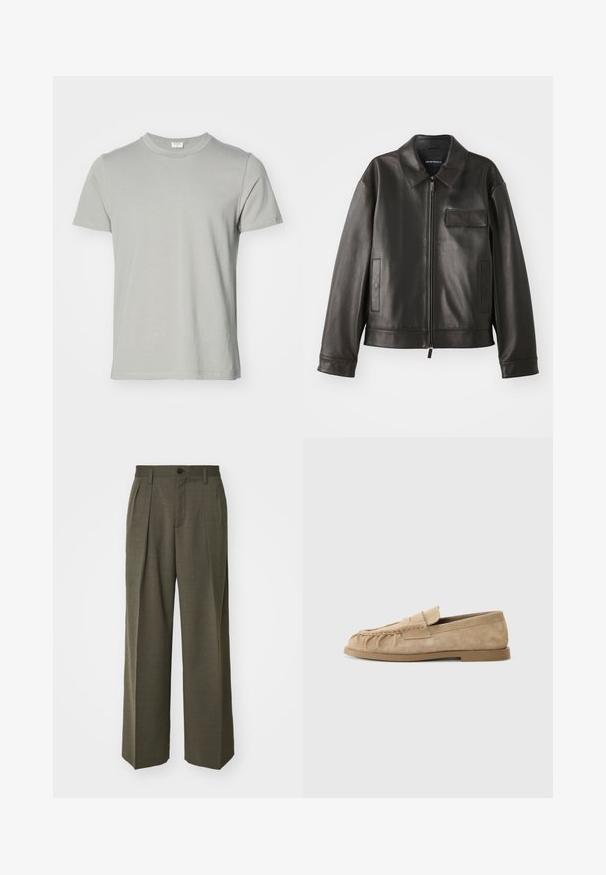 Fekete bőr dzseki gallérral, elülső cipzárral és két oldalsó zsebbek. Jellemzője a mellzsebpocket, amely fakkal díszített, sima textúrával.; Rövid ujjú, világosszürke pamut póló, kerek nyakkal és egyenes szegéllyel. Simaság jellemzi, nincsenek minták vagy látható fém részek.; Filippa K WIDE TROUSERS - Nadrágok - driftwood; Beige velúr mokaszinek gyűrött dizájnnal, lapos talppal és díszes pánttal a vamp körül. Simább textúra.