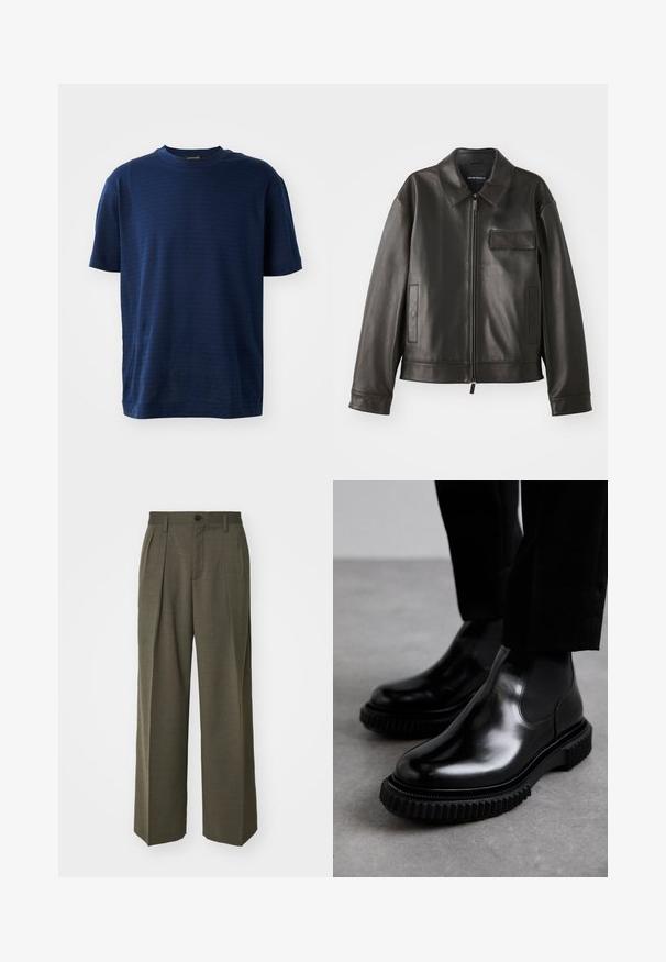 Czarna skórzana kurtka z kołnierzykiem, przednim zamkiem błyskawicznym i dwiema bocznymi kieszeniami. Posiada kieszeń na piersi z klapką i gładką fakturę.; Granatowa koszulka z krótkim rękawem, z subtelnym, wypukłym wzorem tekstowym na całej powierzchni. Wykonana z miękkiego materiału, luźny krój, okrągły dekolt.; Filippa K - Spodnie materiałowe; Czarne skórzane buty typu chelsea z gładkim wykończeniem, elastycznymi bocznymi panelami oraz grubą, teksturowaną gumową podeszwą z wyraźnym bieżnikiem.