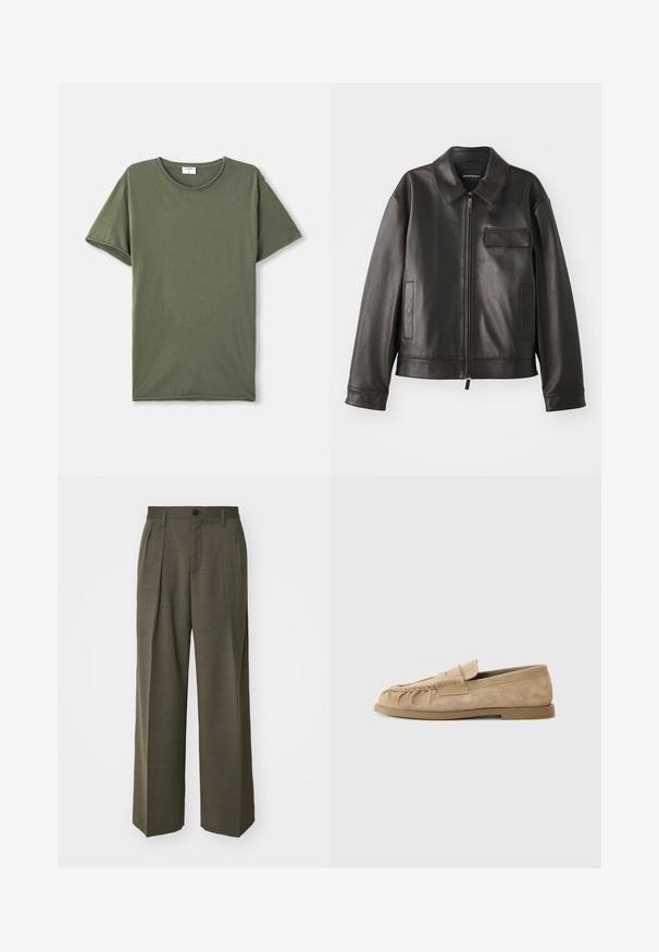 Juodas odinis švarkas su apykakle, priekiniu užtrauktuku ir dviem šoninėmis kišenėmis. Yra krūtinės kišenė su užsegimu ir lygaus paviršiaus tekstūra.; Lygiai išdėstyta alyvuogių žalios spalvos trumpo rankovių apvalia iškirpte marškinėliai ant baltos fono.; Filippa K WIDE TROUSERS - Kelnės - driftwood; Bežiniai suede slip-on loaferi su surinkta dizainu, turintys plokščią padas ir dekoratyvinę juostelę per vampą. Lygi tekstūra.
