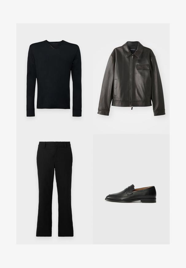 Chaqueta de cuero negro con cuello, cremallera frontal y dos bolsillos laterales. Presenta un bolsillo en el pecho con detalle de solapa y textura suave.; Camisa negra de manga larga hecha de tela suave, con un cuello redondo y cinco botones decorativos en el hombro izquierdo, además de puños acanalados.; Pantalones de campana negros hechos de una mezcla de algodón, con cierre de botón, trabillas para el cinturón y una textura suave sin patrones visibles.; Mocasín de cuero negro con punta redonda, detalles de costura sutil y un tacón bajo, que presenta una textura suave y un diseño minimalista.