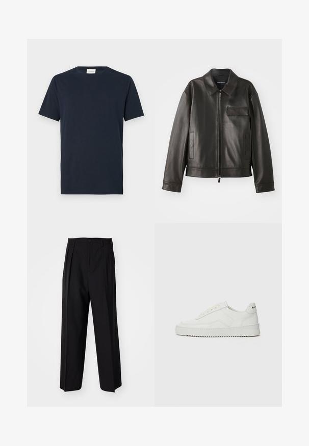 Fekete bőr dzseki gallérral, elülső cipzárral és két oldalsó zsebbek. Jellemzője a mellzsebpocket, amely fakkal díszített, sima textúrával.; Sötétkék, rövid ujjú póló, puha pamutból készült. Kerek nyakú, egyszerű, letisztult dizájnnal rendelkezik, minták vagy díszítések nélkül.; Fekete, pliszírozott nadrág, egyenes, széles lábakkal. Sima anyagból készült, gombos záródással és övhurkokkal rendelkezik.; Fehér bőr sportcipő sima felülettel, kerek orral, lapos fűzőkkel és texturált talppal. Finom logó található a sarokon.