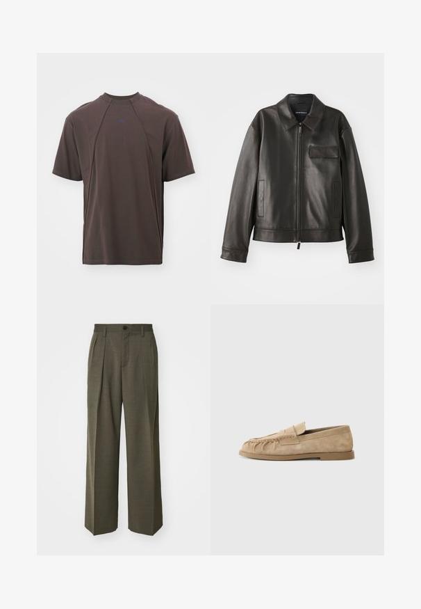Μαύρο δερμάτινο μπουφάν με γιακά, μπροστινό φερμουάρ και δύο πλαϊνές τσέπες. Διαθέτει τσέπη στο στήθος με λεπτομέρεια καπάκι και λεία υφή.; A-COLD-WALL* MILLBANK - Μπλουζάκι με στάμπα - brown; Filippa K WIDE TROUSERS - Παντελόνι - driftwood; Μπεζ σουέντ loafers με καλή σχεδίαση, διαθέτοντας επίπεδη σόλα και διακοσμητική ταινία διαγώνια πάνω από το πάνω μέρος. Λείο υλικό.