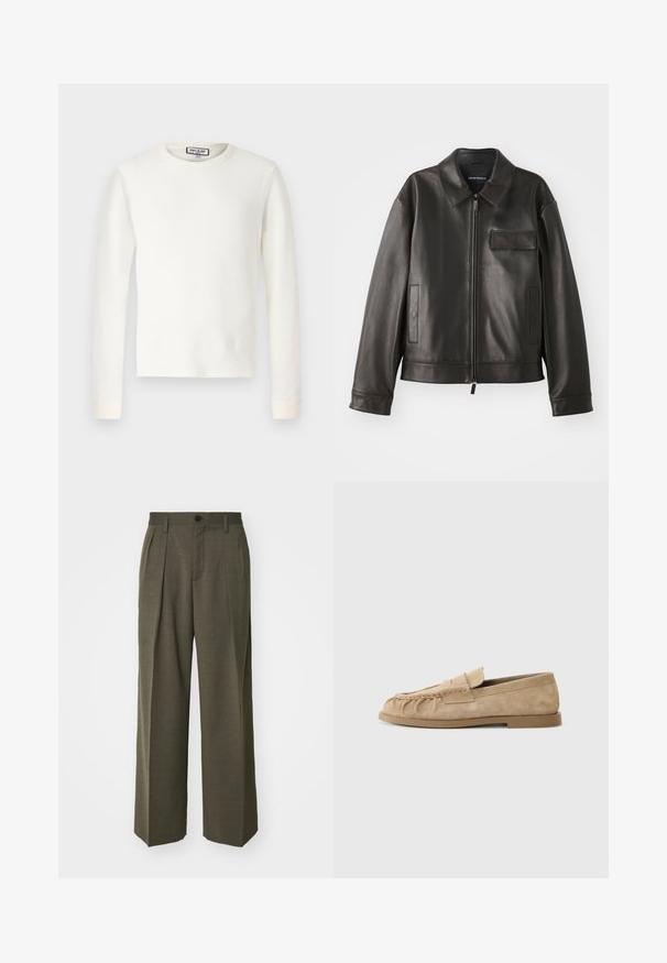 Čierna kožená bunda s golierom, predným zipsom a dvoma bočnými vreckami. Obsahuje aj vrecko na hrudi s chlopňou a hladký povrch.; Biely dlhý rukáv termálna blúzka s rebrovanou textúrou, okrúhlym výstrihom a manžetami. Čistý dizajn bez vzorov alebo ďalších detailov.; Filippa K WIDE TROUSERS - Nohavice - driftwood; Bežové semišové slip-on mokasíny so zhrnutým dizajnom, s plochou podrážkou a dekoračným pásikom cez priehlavok. Hladký povrch.