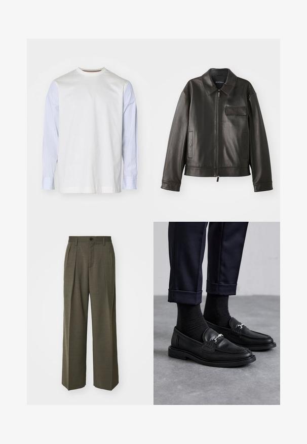 Juodas odinis švarkas su apykakle, priekiniu užtrauktuku ir dviem šoninėmis kišenėmis. Yra krūtinės kišenė su užsegimu ir lygaus paviršiaus tekstūra.; Balta marškinėliai su ilgomis, šviesiai mėlynomis dryžuotomis rankovėmis. Apvalus iškirpimas, glotni tekstūra ir laisvas siluetas.; Filippa K WIDE TROUSERS - Kelnės - driftwood; Juodi odiniai loaferiai su tekstūruotu paviršiumi, sidabrinėmis detalėmis, derinami su tamsiomis kojinėmis ir apvytomis tamsiai mėlynomis kelnėmis.