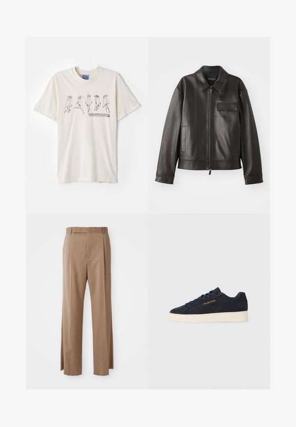 Black leather jacket with a collar, front zipper, and two side pockets. Features a chest pocket with flap detail and smooth texture.; Cream-colored cotton t-shirt with short sleeves, featuring a black abstract design and text “KIDSUPER STUDIOS” in the center.; Light brown tailored trousers with straight legs, belt loops, front seam, and concealed fastening, displayed flat on white background.; Navy blue suede low-top sneaker with white sole, navy laces, and "Filling Pieces" logo in gold on the side.