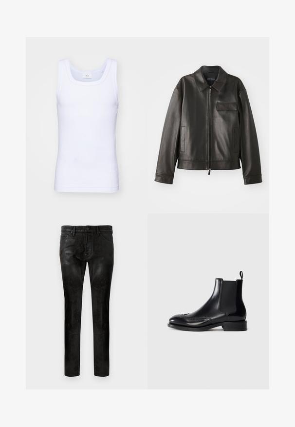 Črna usnjena jakna s ovratnikom, sprednjim zadrgo in dvema stranskima žepoma. Ima žep na prsih z detajlom poklapaja in gladko teksturo.; Bela bombažna brezrokavna majica s krošnjo, ki ima gladko teksturo in prilegajočo obliko, zasnovana za sproščeno nošenje.; Črne slim-fit hlače z gladko, sijajno teksturo, ki imajo sprednje žepke, en gumb za zapiranje in subtilne šivane podrobnosti.; Črne usnjene Chelsea škornje z brogovim detajli, gladka površina, elastični stranski paneli in nizek blokovski petek. Trajna in stilna zasnova.