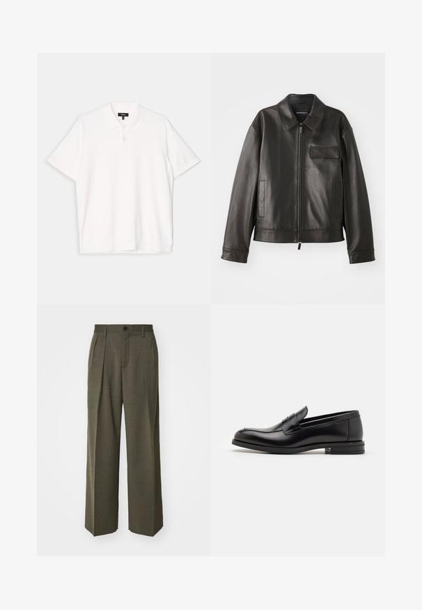Zwarte leren jas met een kraag, voorkant met rits en twee zijzakken. Heeft een borstzak met klepsluiting en een gladde textuur.; Witte korte mouwen polo shirt met een klassieke kraag, drie knoopsluitingen en een rechte zoom. Zachte textuur en eenvoudig ontwerp.; Filippa K WIDE TROUSERS - Broek - driftwood; Zwarte leren instappers met een gladde textuur, ronde neus en een decoratieve band over de wreef. Lage, gestapelde hak en minimalistisch ontwerp.