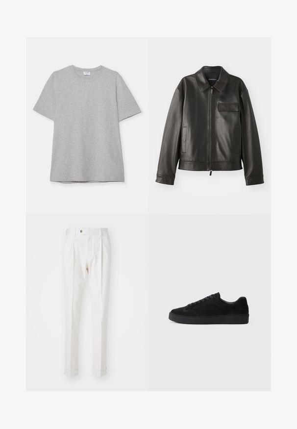 Chaqueta de cuero negro con cuello, cremallera frontal y dos bolsillos laterales. Presenta un bolsillo en el pecho con detalle de solapa y textura suave.; Camiseta gris de manga corta hecha de una tela suave y texturizada. Presenta un cuello redondo clásico y un dobladillo recto, adecuada para uso casual.; Pantalones blancos, ajustados, con un frente plano, dos pliegues y puños enrollados. Hechos de una tela suave con un cierre de botón en la cintura.; Zapatillas de ante negro con suela plana y texturizada, puntera redondeada, seis ojetes para los cordones y un diseño minimalista.