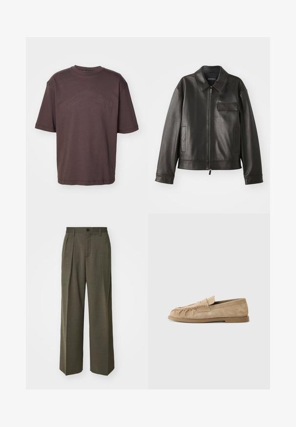 Sort læderjakke med krave, frontlynlås og to sidelommer. Har en brystlomme med klapdetalje og glat tekstur.; Mørkebrun bomulds T-shirt med rund hals og korte ærmer. Præget "DSQUARED2 ICON" logo på forsiden. Løs pasform.; Langærmet skjorte i en taupe farve, lavet af glat stof, med knaplukning foran og mørke knapper, samt et lille logo på brystet.; Filippa K WIDE TROUSERS - Bukser - driftwood; Beige ruskinds slip-on loafers med en sammenfoldet design, udstyret med en flad sål og en dekorativ rem over vristen. Glat tekstur.